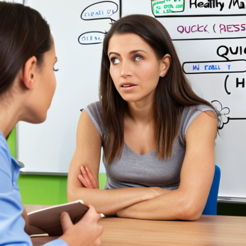Home 4 **
A nutritionist/dietitian sitting across from a young woman (Maria) in a bright, modern office. The nutritionist is listening attentively, with a kind expression. Maria looks stressed but hopeful. In the background, there's a whiteboard with the words "Quick & Healthy Meals" and "Stress Management Techniques". Focus on a feeling of empathy and personalized care.
**